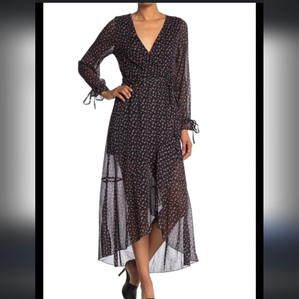 Black Wrap Sheer Floral Maxi Dress Fairy Whimsigoth Dark Romance L